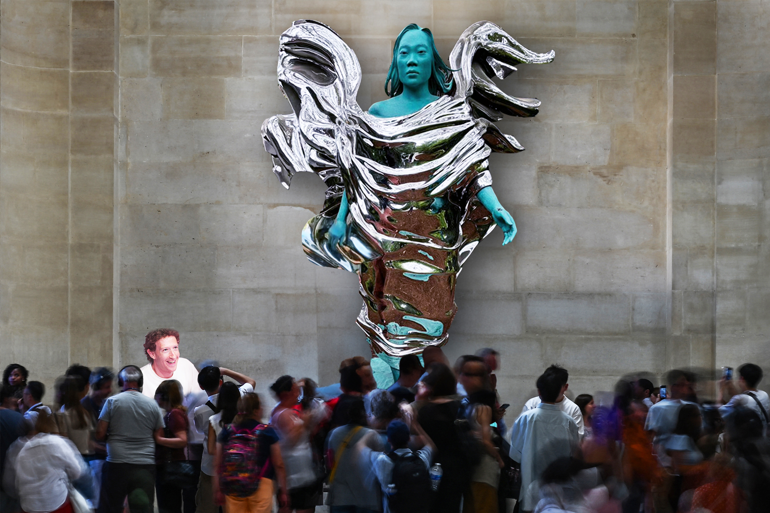 People crowd at the food of a giant chrome and green statue.