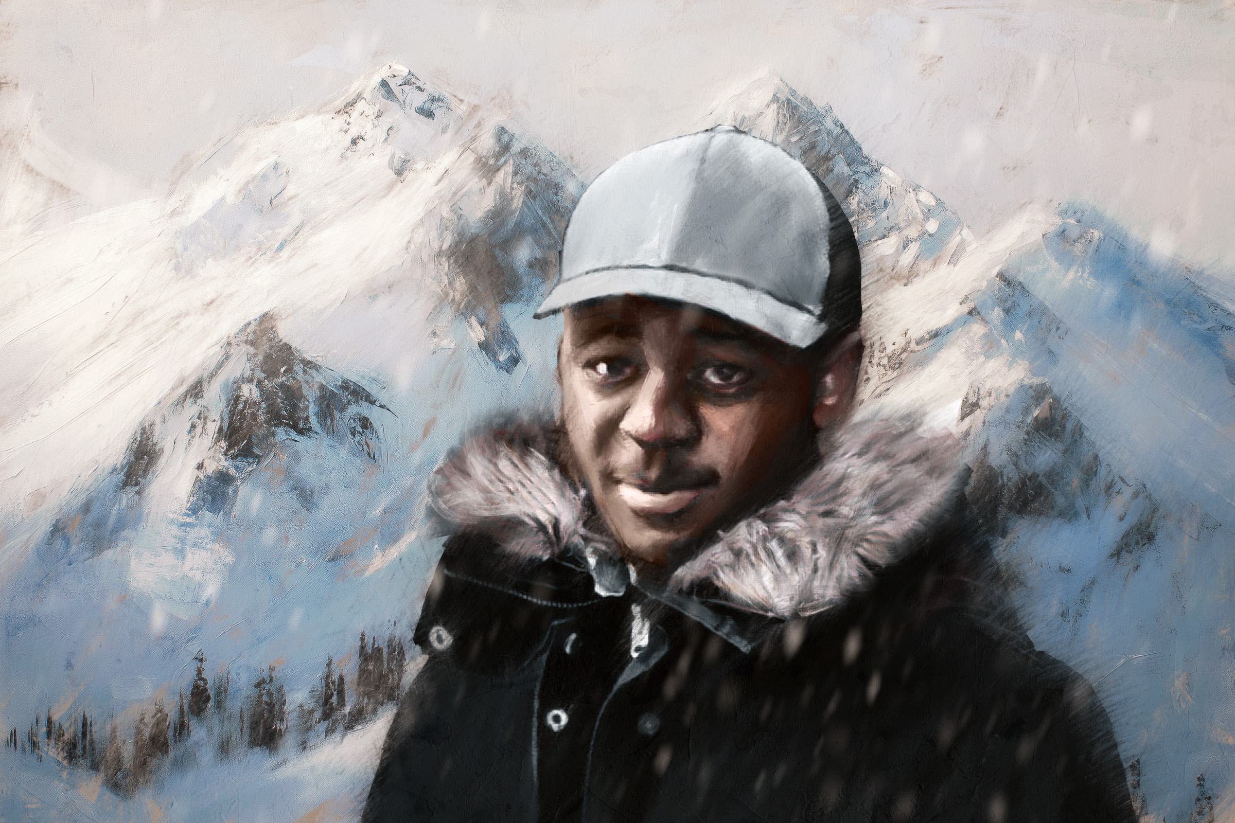 An illustration of a man standing in snow