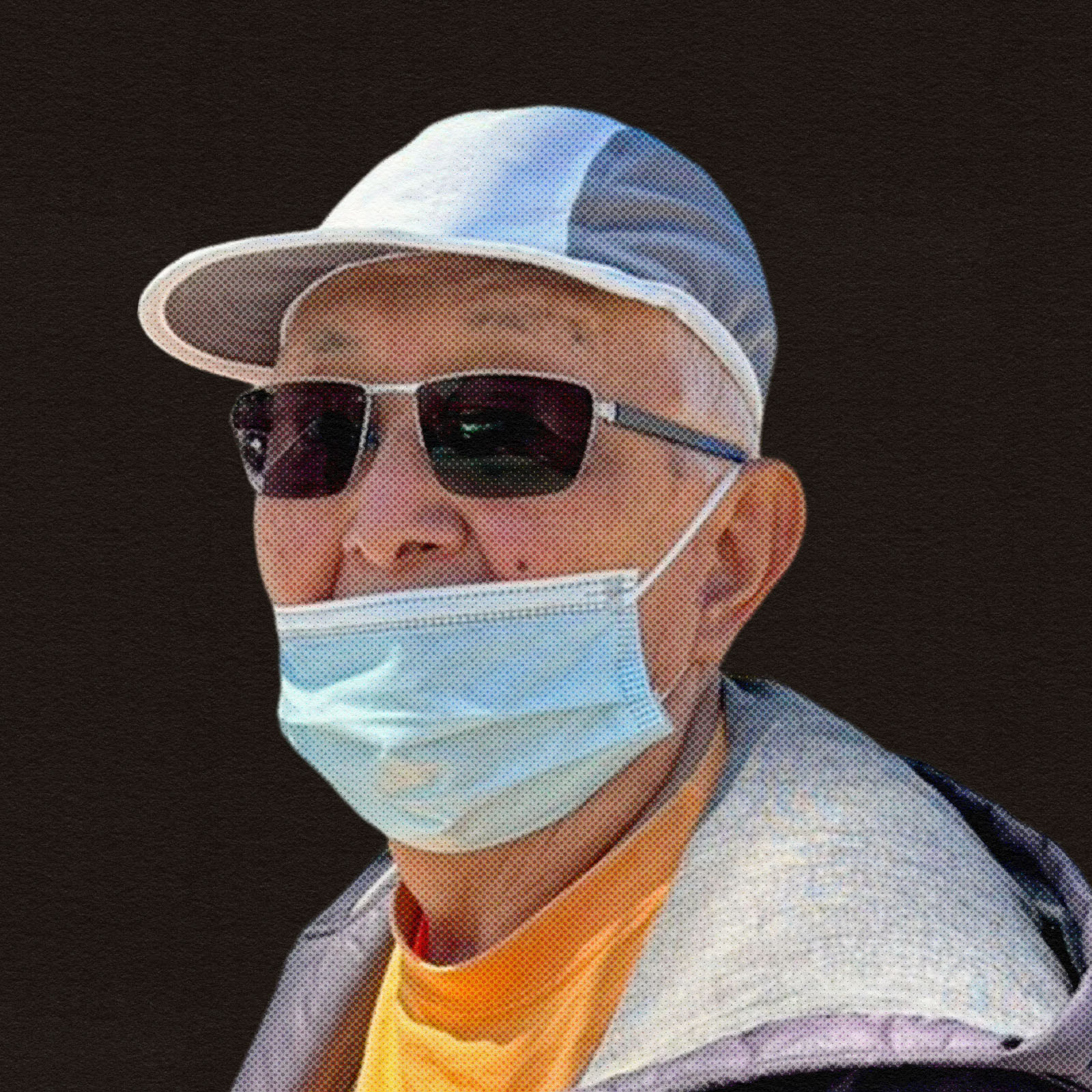A portrait of a person with a mask on.