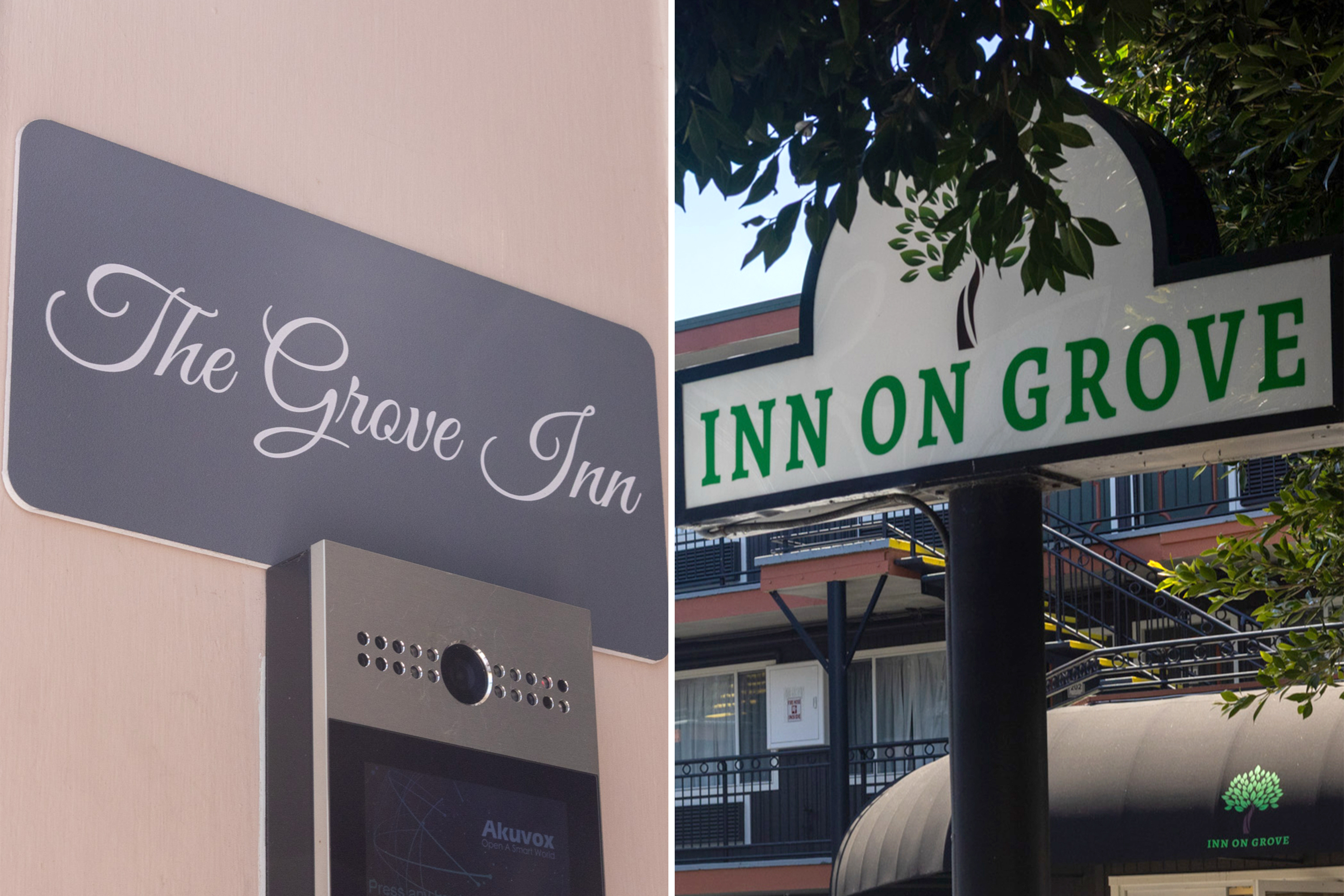 The image shows two signs: "The Grove Inn" with elegant script beside a speaker, and "Inn on Grove" with bold green letters against a backdrop of greenery and a building.